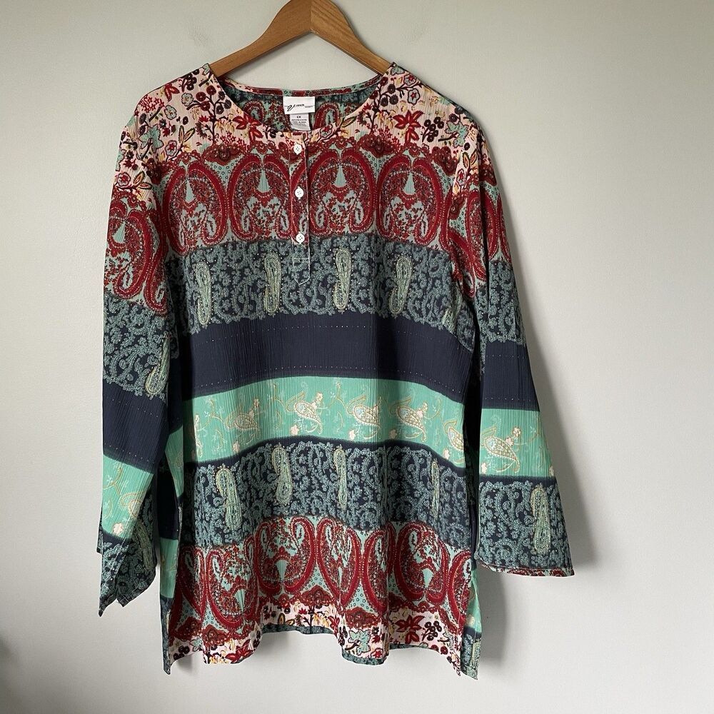 Venezia Woman Boho Button Down Blouse Top Blue Green Red Print Flowy Size 1X